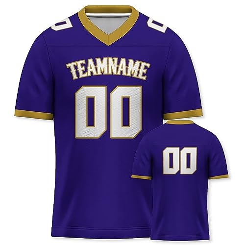 American Football Trikot Personalisierte Football Trikot Uniformen Personalisierte Teamname Nummer Shirts Hip Hop Shirts für Herren Damen Kinder violett Gold von Generic