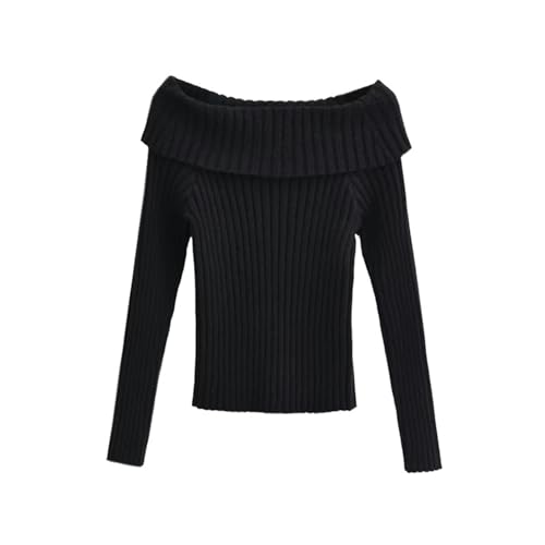 American Pure Desire Damen-Pullover mit großem Revers, Langen Ärmeln, Pit-Streifen, einzeiliger Kragen, schulterfrei, schmal, einfarbig, Pullover, Schwarz, S von Generic