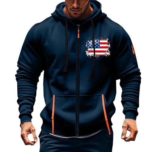 Amerika Flagge Kapuzenpullover Herren Große Größen Sweatshirt Herren Oversized Herren Hoodie Schwarz Herren Pullover Langarm Winterjacke Tasche (A03-Navy, XXXXL) von Generic