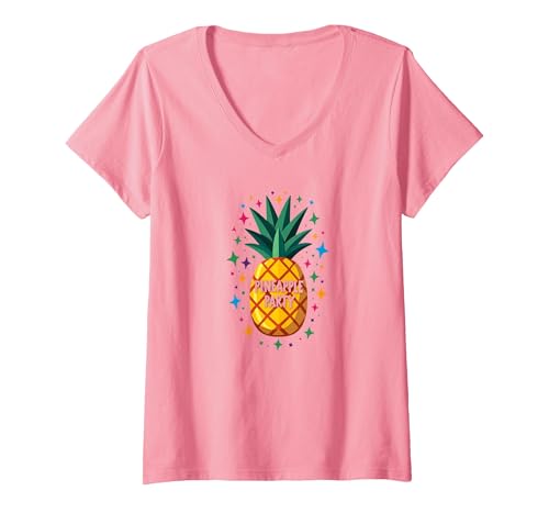 Ananas Party Tropische Feier Upside Down Fun T-Shirt mit V-Ausschnitt, Damen, Rosa, L von Generic