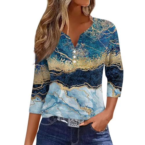 Angebot des Tages Damen Kleidung,3/4 Arm Tshirt Frühling Sommer Pullover Blusen Leichte Basic Tops Casual Oberteile V-Ausschnitt Knopfleiste Shirt,Blau,XXL von Generic