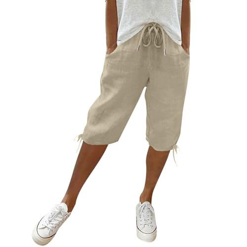 Kurze Hose Damen, Sommer Leinen Mittellange Hosen mit Verstellbarem Kordelzug an Taille und Taschen Strandhose Lässige Outdoorhose,Beige,L von Generic