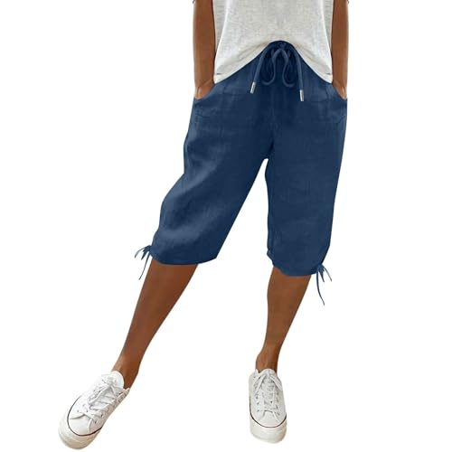 Kurze Hose Damen, Sommer Leinen Mittellange Hosen mit Verstellbarem Kordelzug an Taille und Taschen Strandhose Lässige Outdoorhose,Blau,M von Generic