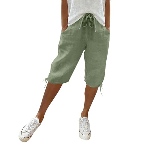 Kurze Hose Damen, Sommer Leinen Mittellange Hosen mit Verstellbarem Kordelzug an Taille und Taschen Strandhose Lässige Outdoorhose,Grün,L von Generic