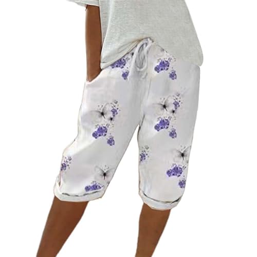 Kurze Hose Damen, Sommer Leinen Mittellange Hosen mit Verstellbarem Kordelzug an Taille und Taschen Strandhose Lässige Outdoorhose,Violett,M von Generic