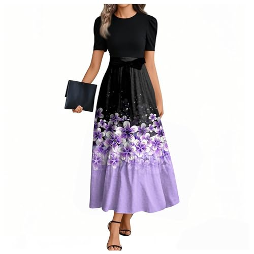 Sommerkleider Damen Kurzarm Lässig Rundhals Blumendruck A-Linie Kleid Maxikleid Partykleid Freizeitkleid Strandkleider,Violett,XL von Generic