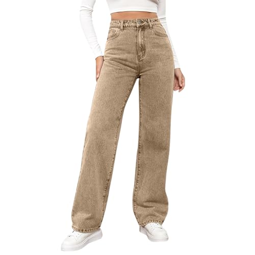 Angebote des Tages Heute Damen Jeans Stretch High Waist Wide Leg Denimhose Weites Bein Bequeme Hose Straight Gerade Jeanshosen mit Taschen,Beige,XXL von Generic