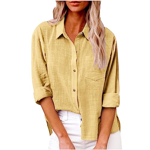 Angebote des Tages Heute Musselin Bluse Damen Einfarbig Leinenbluse Revers Knöpfen Hemd Lockere Langarmshirt Leinenhemd Baumwolle Leinen Shirt Große Größen Hemdbluse Winter Oberteile Basic Tops von Generic