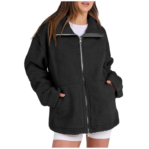 Angebote des tages heute blitzangebote Fleecejacke Damen Reverskragen Zipper Plüschjacke Lockere Teddyjacke Teddy Winterjacke Einfarbig Kuscheljacke Winter Leichte Übergangsjacke Bequeme Mantel von Generic
