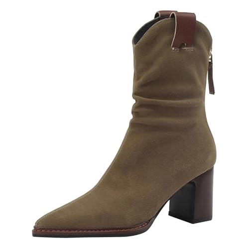 Ankle Boots Damen Kurz Cowboy Stiefeletten Elegant Herbst Stiefel Mit Absatz Wildleder Herbst Stiefel Elegant Cowboystiefel Halbhoch Cowboy Stiefeletten Cowboystiefel Festival Stiefe Braun von Generic
