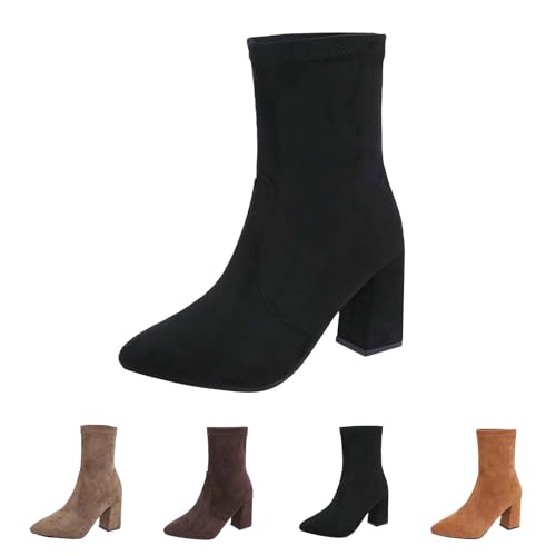 Ankle Boots Damen Mit Absatz Elegant - Stiefeletten Damen Mit Absatz Spitz Schlupfstiefel Blockabsatz Wildlederstiefel Halbstiefel Pendler High Heels Damenstiefel Chelsea Boots von Generic