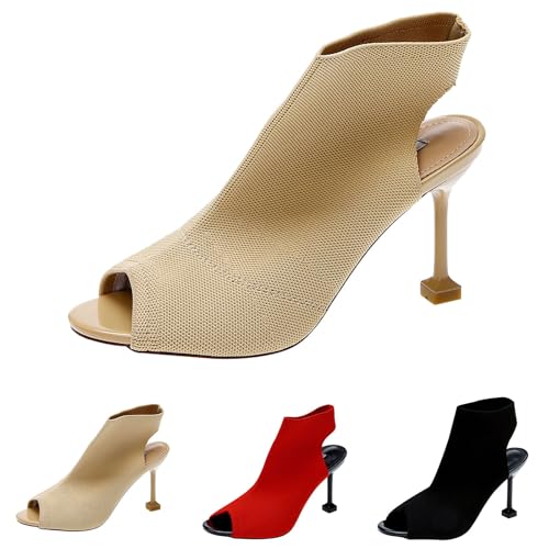 Ankle Boots Damen Mit Absatz Offen - Stiefeletten Damen Sommer Elegant Sexy High Heels Pfennigasbatz Pumps Fischmund Sandalen Stiletto Schlupfstiefel Strick Kurzschaft Boots von Generic