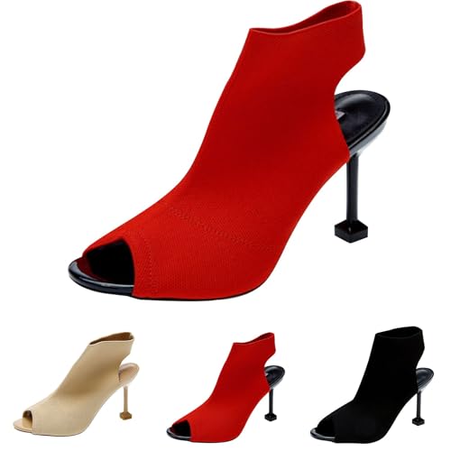 Ankle Boots Damen Mit Absatz Offen - Stiefeletten Damen Sommer Elegant Sexy High Heels Pfennigasbatz Pumps Fischmund Sandalen Stiletto Schlupfstiefel Strick Kurzschaft Boots von Generic