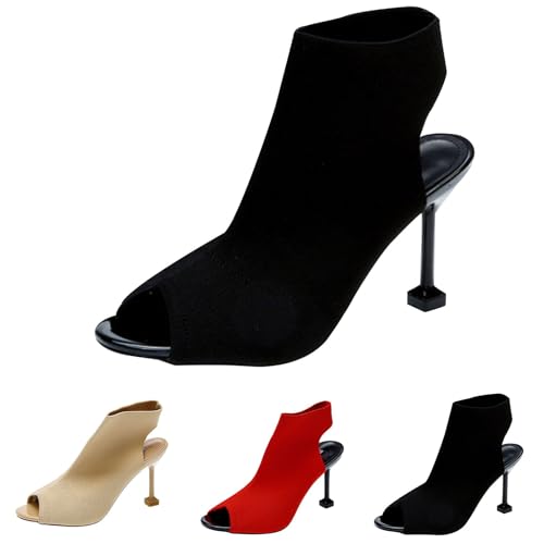 Ankle Boots Damen Mit Absatz Offen - Stiefeletten Damen Sommer Elegant Sexy High Heels Pfennigasbatz Pumps Fischmund Sandalen Stiletto Schlupfstiefel Strick Kurzschaft Boots von Generic