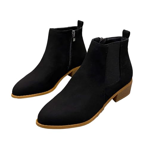 Ankle Boots Damen Mit Absatz Spitz - Stiefeletten Mit Reißverschluss,Blockabsatz Damenstiefel,Knöchelhoch Chelsea-Boots,Kurzschaft Wildleder-Stiefel,Einfarbig Elegante Schlupfschuhe von Generic