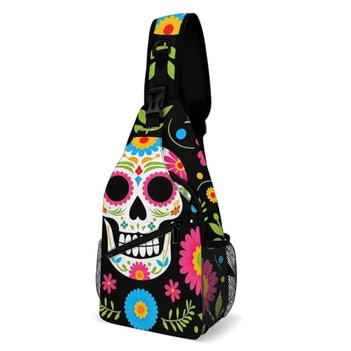 Anti-Diebstahl Rucksack Traditioneller Zuckerschädel mit Blume am mexikanischen Tag der Toten Umhängetasche Tragbare,Multipurpose Crossbody Bags für Herren Sport Damen von Generic