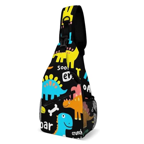 Anti-Diebstahl Schulterrucksack Bunter Dinosaurier Schwarz Brusttasche Stylisch,Elegant Sling Rucksack für Herren Outdoorsport Sportlich von Generic