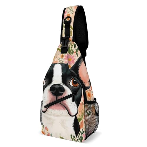 Anti-Diebstahl Schultertasche Hunde Terrier Blumen Sling Bag Tragbare,Elegant Brusttasche für Damen Einkaufen Radfahren von Generic