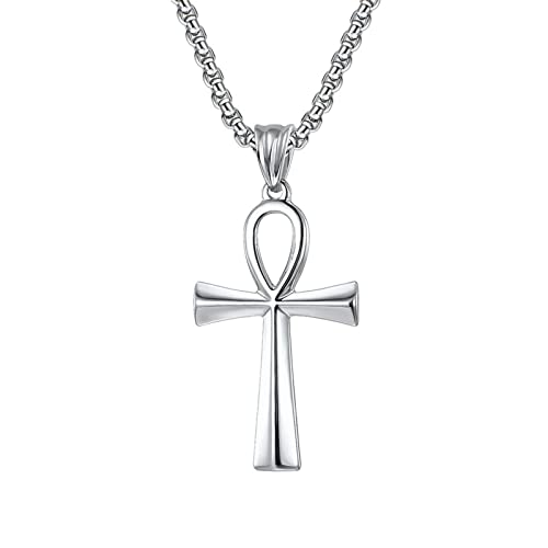 Antike ägyptische Ankh-Anhänger-Halskette, Herren-Gothic-Vintage-Schlüssel-des-Leben-Edelstahl-Halskette, Silber, 50 von Generic