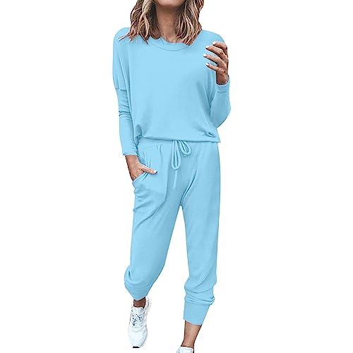 Anzug Damen Elegant 2 Teiler Oversize | Hausanzug Damen Baumwolle Kuschelig | Baumwolle Stretch Jogginganzug Set Locker Sport Set Rundhals Pullover Jogginghose Mit Gummizug Gym Freizeitanzug von Generic