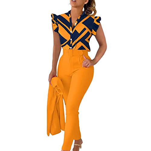 Anzug Damen Elegant 3 Teiler Sommer Drucken Rüschenärmel Hemd Bluse Und Hosen Und Gürtel Set Bussiness Outfit Hosenanzug Slim Fit Streetwear Anzüge Kombi von Generic