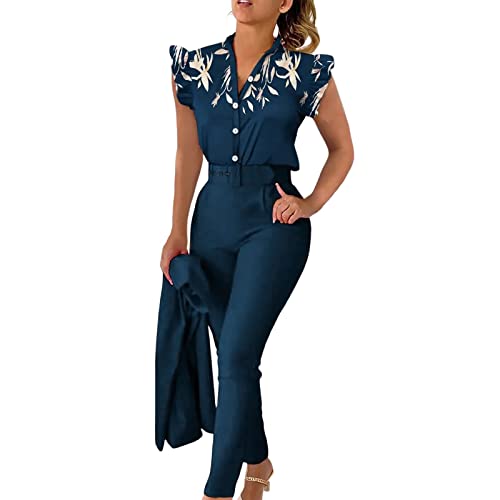 Anzug Damen Elegant 3 Teiler Sommer Drucken Rüschenärmel Hemd Bluse Und Hosen Und Gürtel Set Bussiness Outfit Hosenanzug Slim Fit Streetwear Anzüge Kombi von Generic