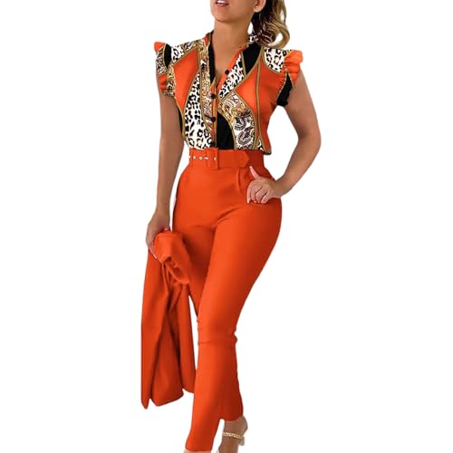 Anzug Damen Elegant 3 Teiler Sommer Drucken Rüschenärmel Hemd Bluse Und Hosen Und Gürtel Set Bussiness Outfit Hosenanzug Slim Fit Streetwear Anzüge Kombi von Generic