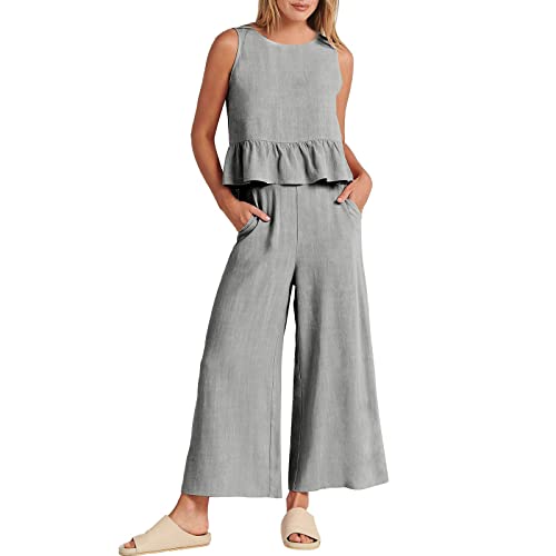 Anzug Damen Sommer Lang Modern Baumwolle Freizeitanzug Leinenanzug Leinen Weites Bein 2 Teiler Sommer Hosenanzug Hausanzug SetGrobe Groben Kuschelig Loungewear Anzug von Generic