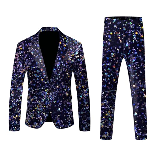 Anzug Herren 2 Teilig Sets Disco Outfit Glitzer Jacke und Hose Metallic Glänzende Pailletten Anzüge für Discokugel Party Karneval Kustüm Discokugel Hochzeit Mottoparty Disco-Anzug 80er Jahre Outfit von Generic