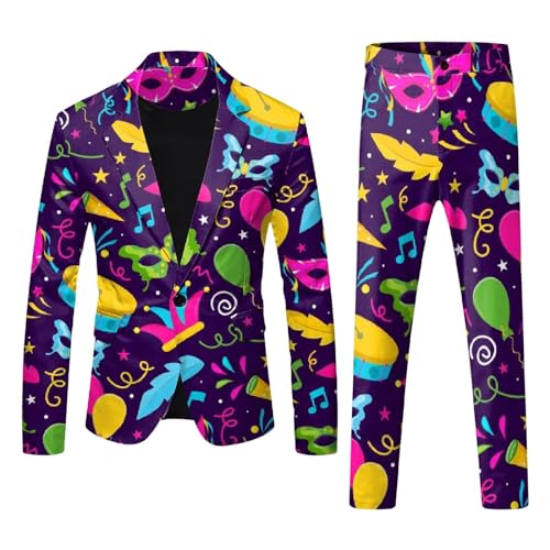 Anzug Herren Lustiger Masken Anzug Prom Suits Faschingskostüme mit Bunten Drucken 60er Jahre Pop Art Style Outfit, Party Jacke und Hose,Karneval, Mottoparty, Mardi Gras Karneval Kostüm Herren Anzüge von Generic