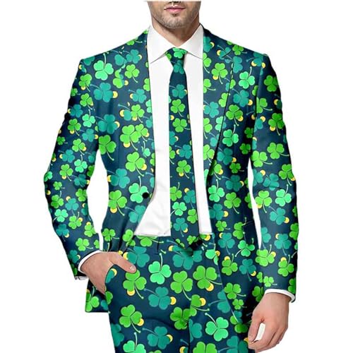 Anzug Herren Party Sakko für Herren St. Patrick's Day Luck of The Irish Kleeblatt Anzug Jackett ohne Hose 80er Herrenkostüm St. Patricks Day Beer & Shamrock Clover Tailliert Party Kostüme (nur Sakko) von Generic