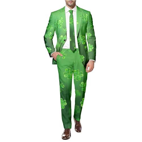 Anzug Herren Partyanzug für Herren St. Patrick's Day Luck of The Irish Kleeblatt Anzug Jacket Tailliert Party Kostüme Outfit 80er St. Patrick Anzüge für Herren Jackett und Hose mit Festlichen Print von Generic