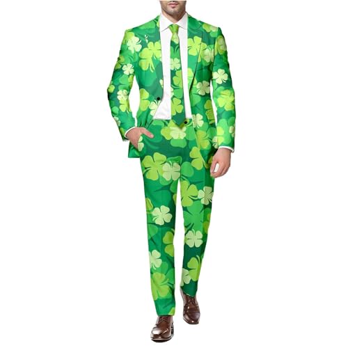 Anzug Herren Partyanzug für Herren St. Patrick's Day Luck of The Irish Kleeblatt Anzug Jacket Tailliert Party Kostüme Outfit 80er St. Patrick Anzüge für Herren Jackett und Hose mit Festlichen Print von Generic
