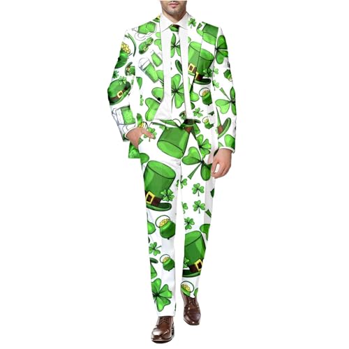 Anzug Herren Partyanzug für Herren St. Patrick's Day Luck of The Irish Kleeblatt Anzug Jacket Tailliert Party Kostüme Outfit 80er St. Patrick Anzüge für Herren Jackett und Hose mit Festlichen Print von Generic