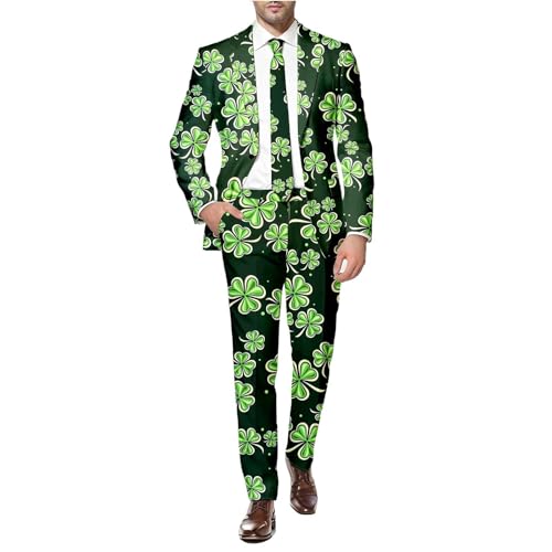 Anzug Herren Partyanzug für Herren St. Patrick's Day Luck of The Irish Kleeblatt Anzug Jacket Tailliert Party Kostüme Outfit 80er St. Patrick Anzüge für Herren Jackett und Hose mit Festlichen Print von Generic