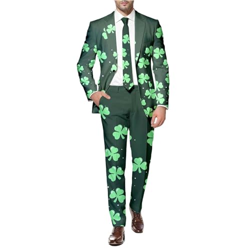 Anzug Herren Partyanzug für Herren St. Patrick's Day Luck of The Irish Kleeblatt Anzug Jacket Tailliert Party Kostüme Outfit 80er St. Patrick Anzüge für Herren Jackett und Hose mit Festlichen Print von Generic