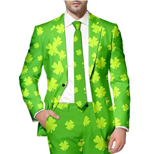 Anzug Herren Partyanzug für Herren St. Patrick's Day Luck of The Irish Kleeblatt Anzug Jackett und Hose 80er Herrenkostüm St. Patricks Day Beer & Shamrock Clover Tailliert Party Kostüme Outfit Anzüge von Generic