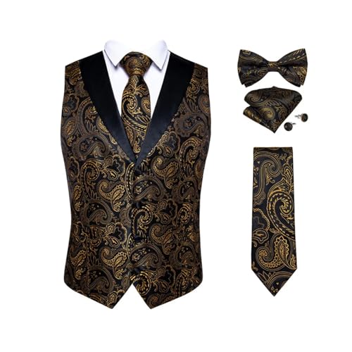 Anzug Weste Set Für Männer Seide Schwarz Gold Paisley Kleid Weste Krawatte Manschettenknöpfe Taschentuch Set Männliche Ärmellose Weste von Generic