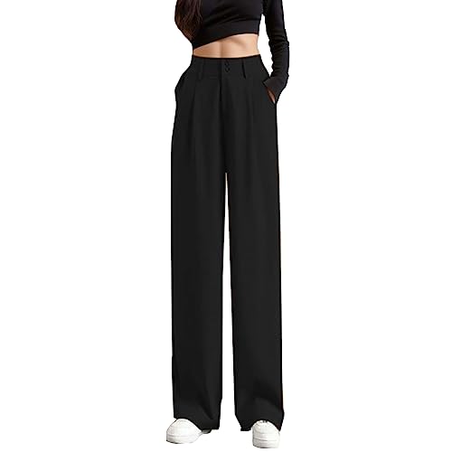 Anzughose Damen High Waist,Business Hose Damen Stretch,Breite Hosen Damen Elegant Einfarbig Lockere Hosen Freizeithose Gerade Wide Leg Palazzo Hose mit Taschen Arbeitshose Lang Frauen Bürohosen von Generic