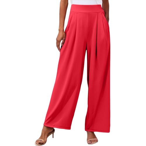 Anzughose Damen Weites Bein Lang Hosen High Waist Elegant Freizeithose Business Arbeitshose Casual Sommerhose mit Taschen Plissee Gerade Damenhose Weitem Beinschnitt Stoffhose (Rot, L) von Generic