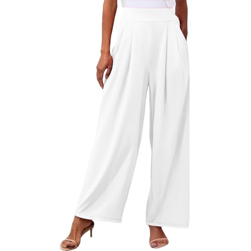 Anzughose Damen Weites Bein Lang Hosen High Waist Elegant Freizeithose Business Arbeitshose Casual Sommerhose mit Taschen Plissee Gerade Damenhose Weitem Beinschnitt Stoffhose (Weiß, M) von Generic