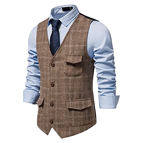 Anzugweste Herren Karierte Vintage Weste Ärmelloser Formale Klassische Baumwolle Hochzeit Business Freizeithemd Retro Westen Weste Mit Knopf von Generic