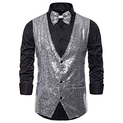 Anzugweste für Herren Glitzer Weste mit Fliege Set Ärmellos Anzugwesten V-Ausschnitt Blazer Pailletten Sakko Glänzende Herrenjacke Anzug Westen Karneval Kostüm für Hochzeit Party Glitzer Outfit von Generic