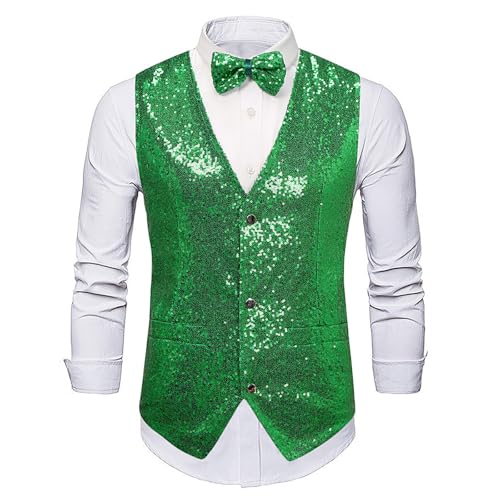Anzugweste für Herren Glitzer Weste mit Fliege Set Ärmellos Anzugwesten V-Ausschnitt Blazer Pailletten Sakko Glänzende Herrenjacke Anzug Westen Karneval Kostüm für Hochzeit Party Glitzer Outfit von Generic