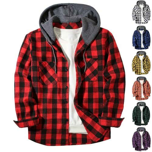 Arbeitshemd Herren Holzfällerhemd Männer Langarm Hoodie Jacke Button Down Freizeithemd Mit Brusttasche Outdoor Holzfäller Jacken Casual Arbeitshemd Bequeme Kapuzenjacke Sweatjacke von Generic