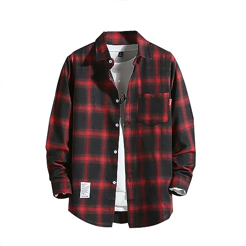 Arbeitshemd Herren Langarm Flanell Winter Langarm Holzfäller Jacke Hemdjacke Langarm Kariertes Hemd Flanellhemd Schwarz Übergröße Flanell Jacke Rot Karo Slim Fit Holzfällerhemd von Generic