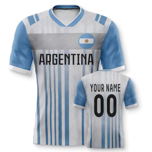 Argentinien Personalisiertes Weltmeisterschaft Fussball Trikot mit Ihrem Namen und Nummer für Herren Damen Kinder Casual Sport Fan T-Shirt Trikot Geschenk Blau von Generic