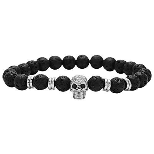 Armbänder Geschenk für Mädchen Frauen Armband aus vulkanischem schwarzem Zirkon, Buddha-Perlen, Armband, Armband für Männer und Frauen Armkette- Herren (Silver, One Size) von Generic