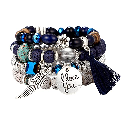 Armband Meer Armbänder Strand 4 Stretch für Frauen Sets Perlen stapelbare mehrschichtige Armbänder Armbänder Herren Lederarmband Totenkopf (Blue, One Size) von Generic