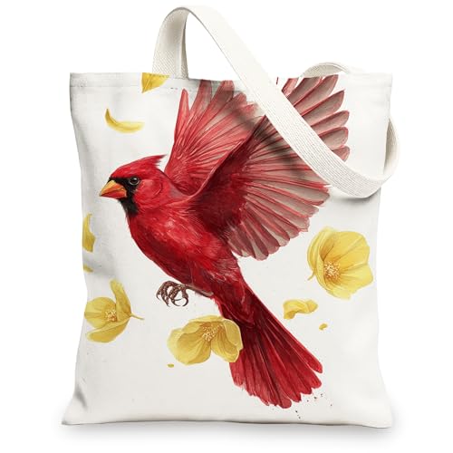 Artistic Red Bird Canvas-Tragetaschen, lebendiges Blumendesign, leicht, waschbar, wiederverwendbar, für den täglichen Gebrauch, Rot/Ausflug, einfarbig (Getaway Solids), 13x15 Inch von Generic